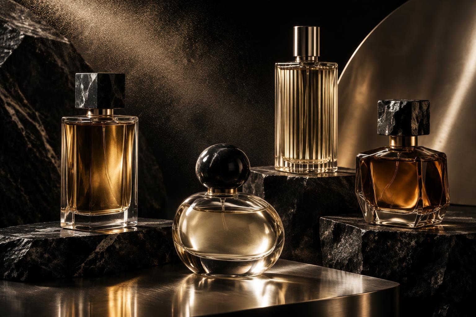 Four unbranded fragrance bottles on black stone