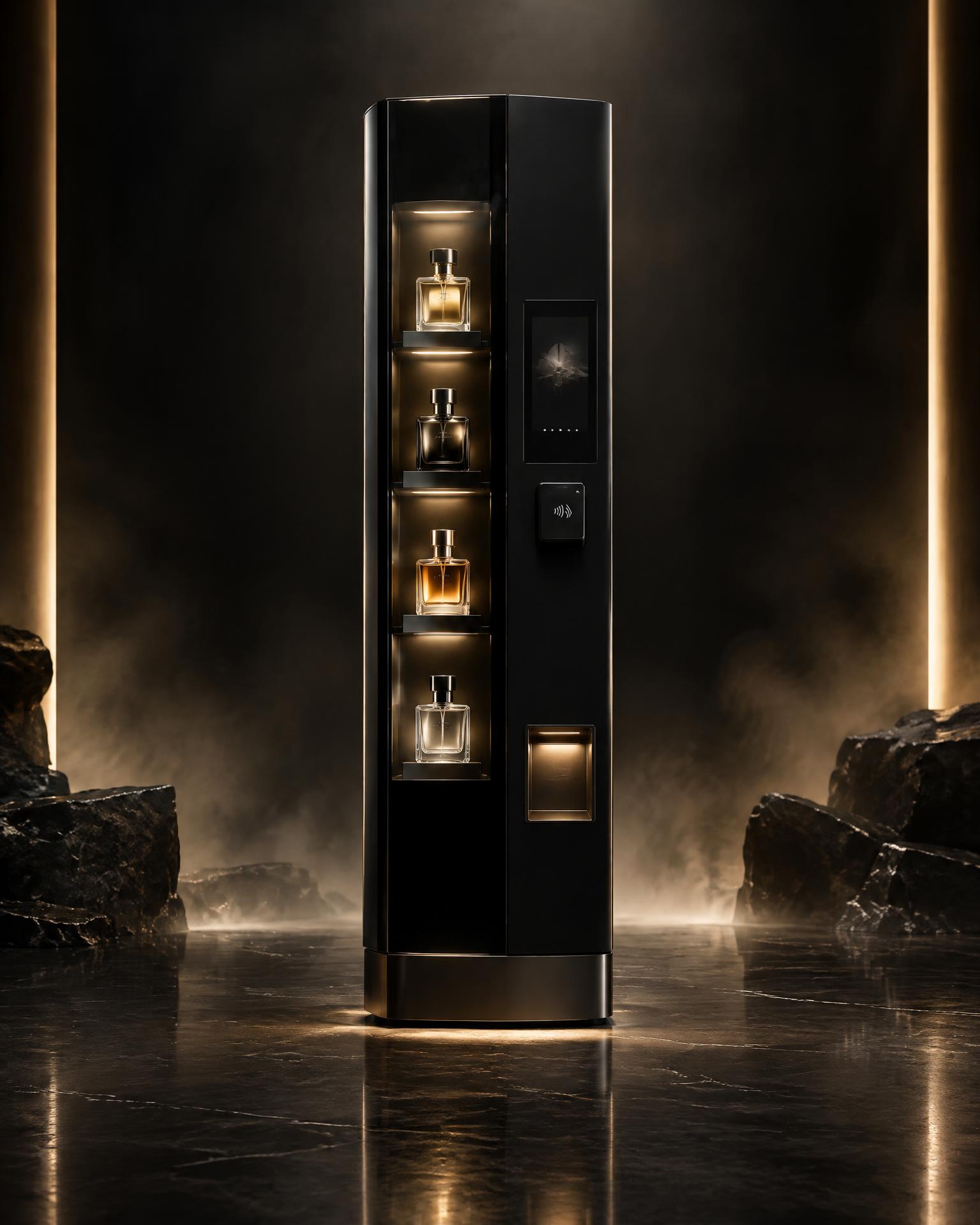 Obsidian perfume vending machine in a dark stone studio
